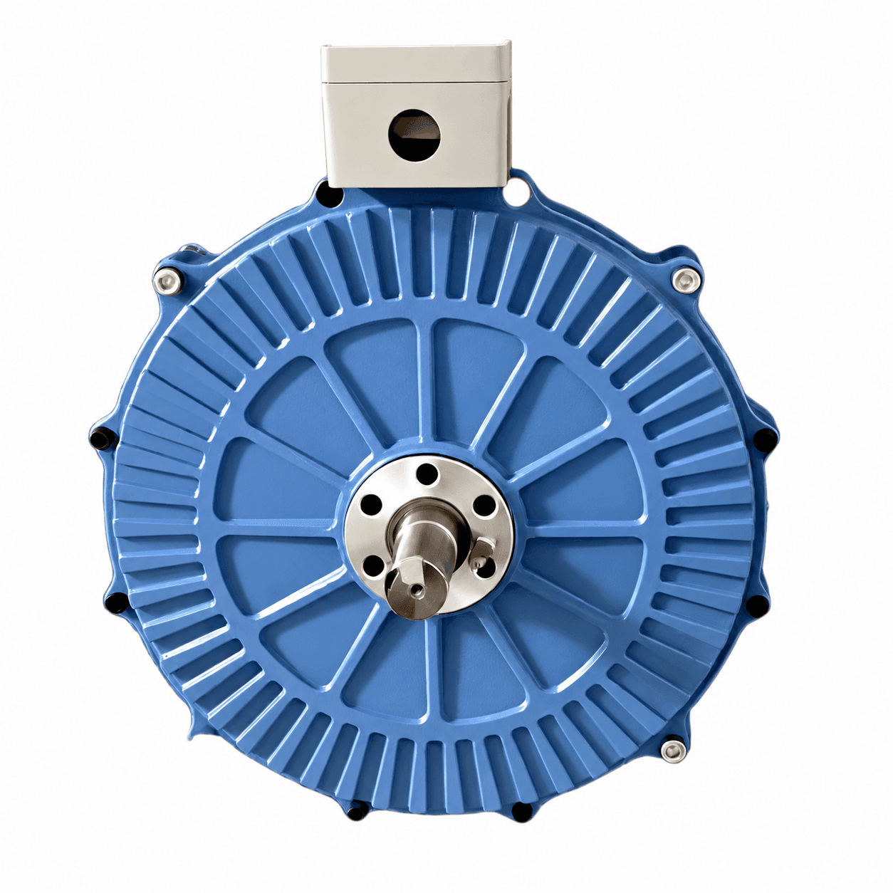Blue finned disc motor, short keyed shaft, five-hole flange and cream terminal box, viewed from the front.