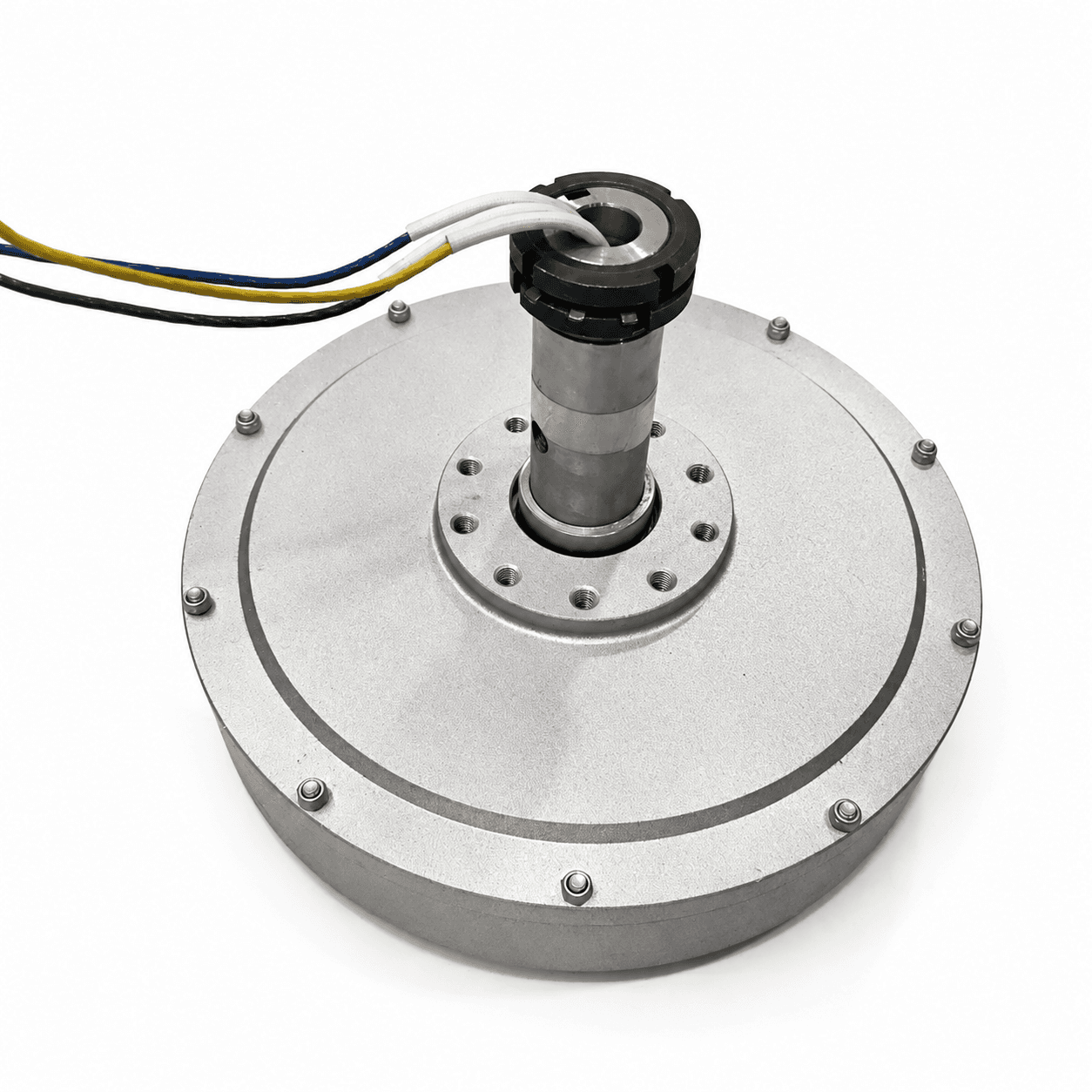 Silver disc generator with hollow upright shaft, black locknut, mounting flange and three sleeved phase wires.